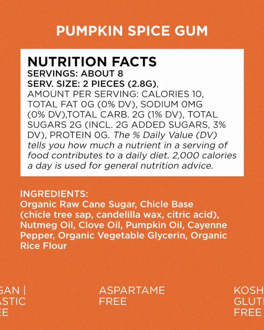 vitruta Pumpkin Spice aromalı, bitkisel bazlı ve plastik içermeyen sakızın besin değerleri ve içerik bilgisi etiketi