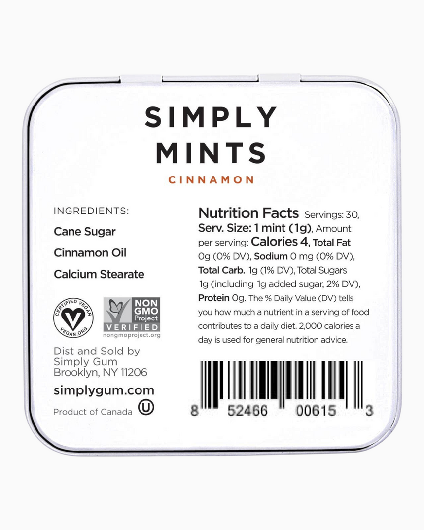 vitruta Simply Mints tarçınlı nane kutusunun arkasında içerik bilgileri ve besin değerleri yer alıyor.