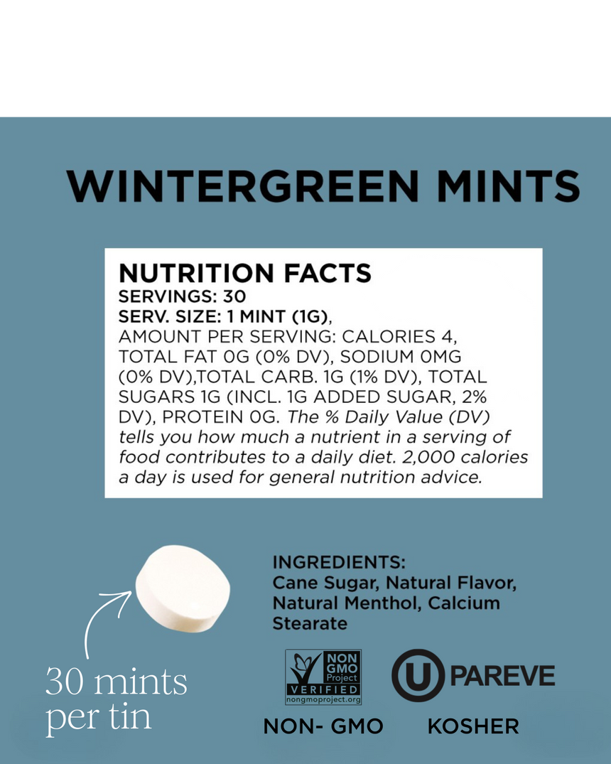 vitruta Simply Mints Wintergreen besin değerleri ve içerik bilgisi içeren bilgilendirici ürün görseli