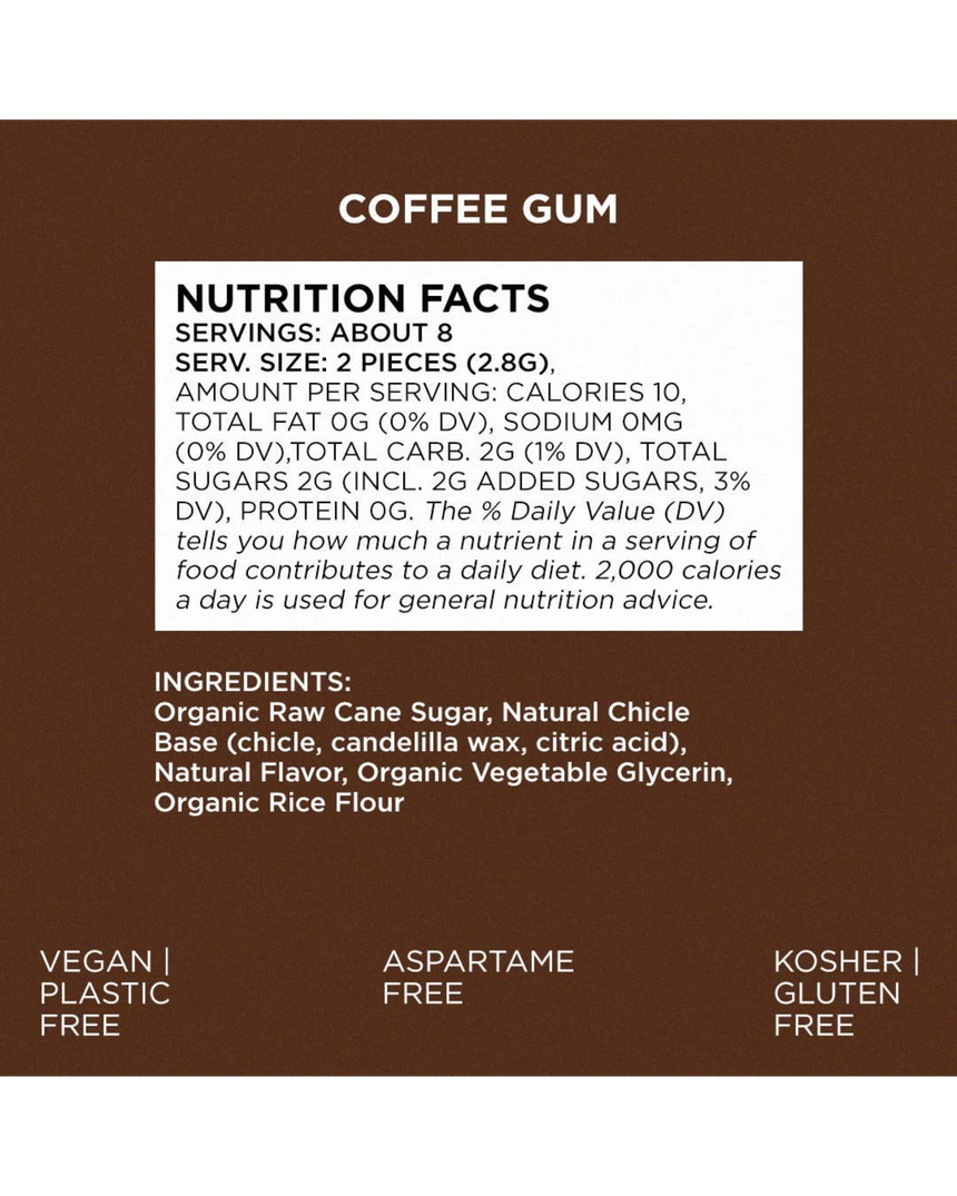 vitruta Coffee Gum ürününün besin değerleri ve içindekiler listesini gösteren kahverengi arka planlı etiket