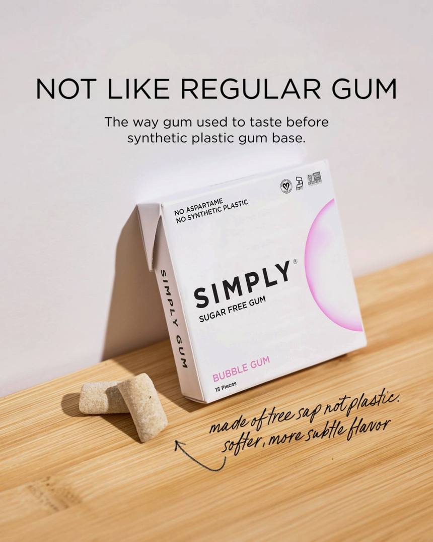 vitruta Simply marka şeker içermeyen, doğal ağaç özlü, klasik bubble gum aromalı sakız kutusu ve sakız parçaları