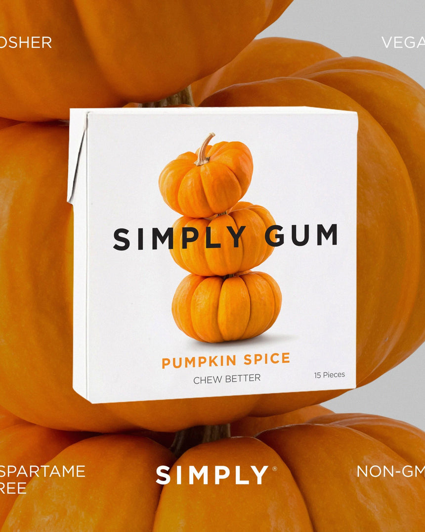 vitruta Pumpkin Spice aromalı, bitkisel bazlı ve plastik içermeyen 15 parçalı Simply Gum sakız paketi