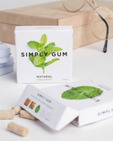 vitruta Simply Gum nane aromalı doğal sakız paketi, beyaz kutu üzerinde taze nane yaprağı görseli ile