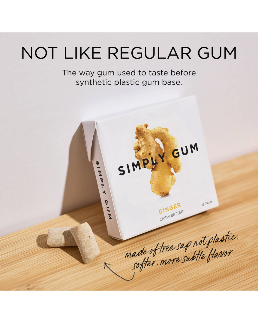 vitruta Simply Gum zencefilli doğal sakız paketi, ağaç özünden üretilmiş plastik içermeyen vegan sakız