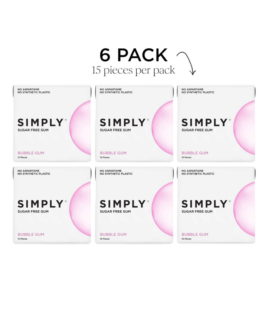 vitruta 6'lı paket Simply şekersiz bubble gum aromalı sakız, doğal içerikli ve aspartam içermeyen paket tasarımı.
