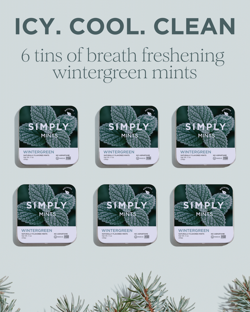 vitruta Simply Mints Wintergreen aromalı, 6 adet metal kutuda doğal içerikli vegan nefes tazeleyici nane şekeri