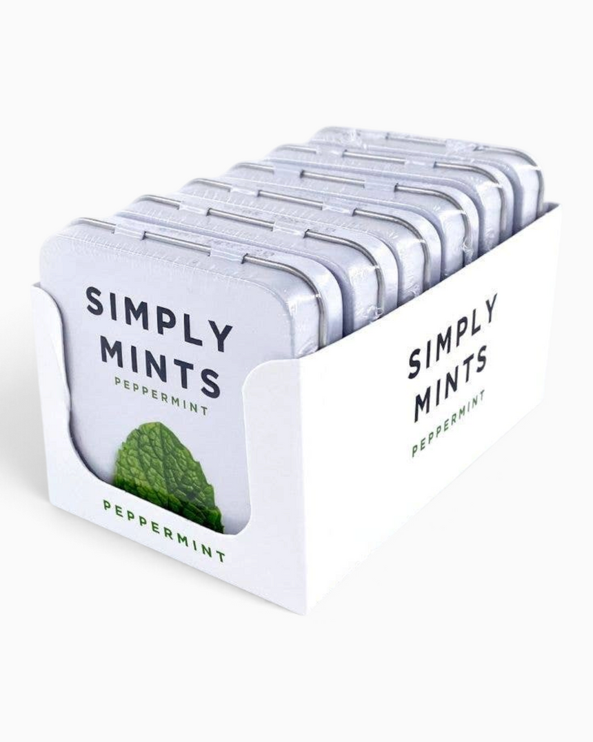 vitruta Simply Mints nane aromalı metal kutulu şekerler, teşhir kutusunda dizili halde