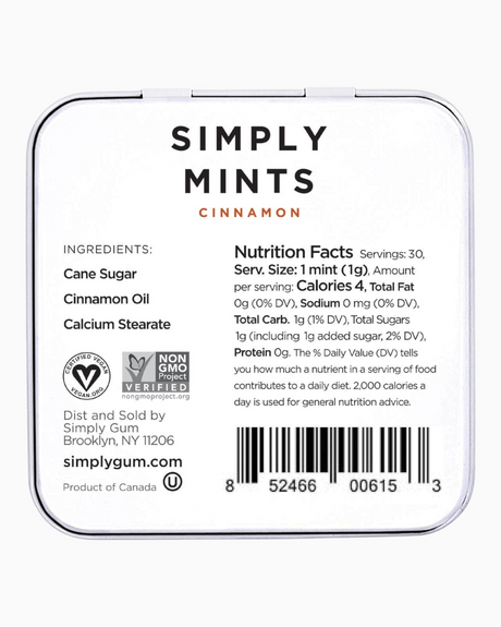 vitruta Simply Mints tarçınlı nane kutusunun arkasında içerik bilgileri ve besin değerleri yer alıyor.