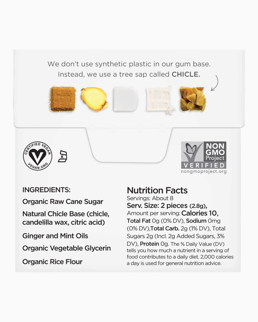vitruta Ginger Gum içeriği, doğal chicle ağaç özü ve organik malzemeleri gösteren bilgilendirici ürün görseli