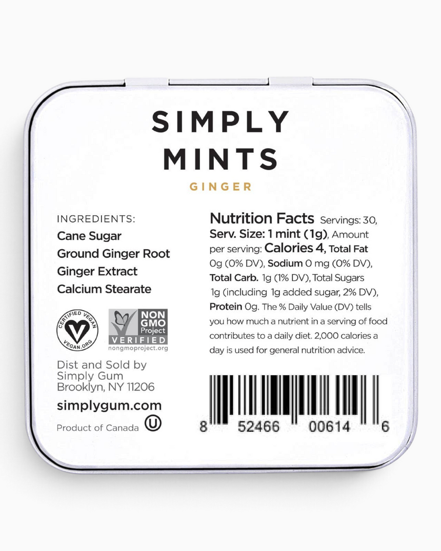 vitruta Simply Mints zencefilli nane kutusu arka yüzü, içerik bilgileri ve besin değerleri tablosu