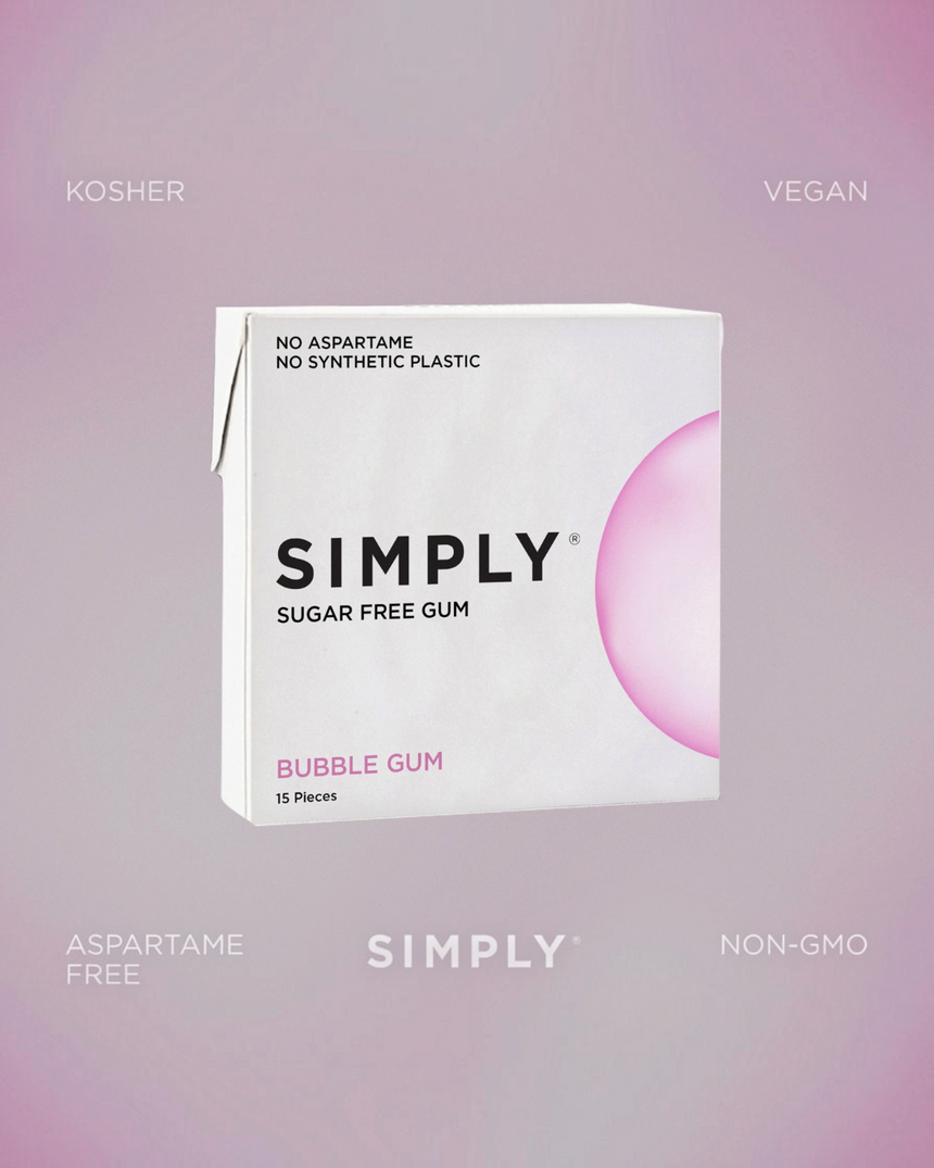 vitruta Simply şeker ilavesiz bubble gum aromalı sakız kutusu, doğal içerikli ve vegan 15 adetlik paket