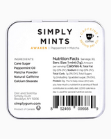 vitruta Simply Mints Awaken nane ve matcha aromalı kafeinli nane şekeri kutusu arka yüzü