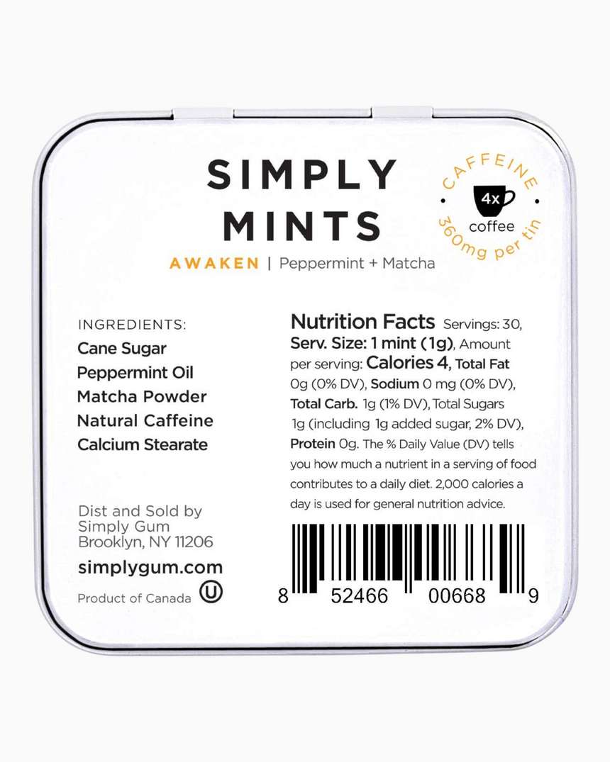 vitruta Simply Mints Awaken nane ve matcha aromalı kafeinli nane şekeri kutusu arka yüzü