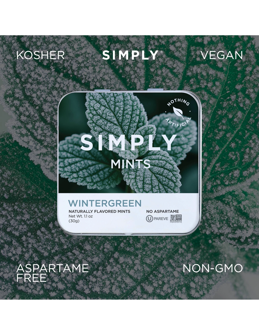 vitruta Simply Mints Wintergreen aromalı, yapay tatlandırıcı içermeyen, vegan ve GDO'suz metal kutu nane şekeri.
