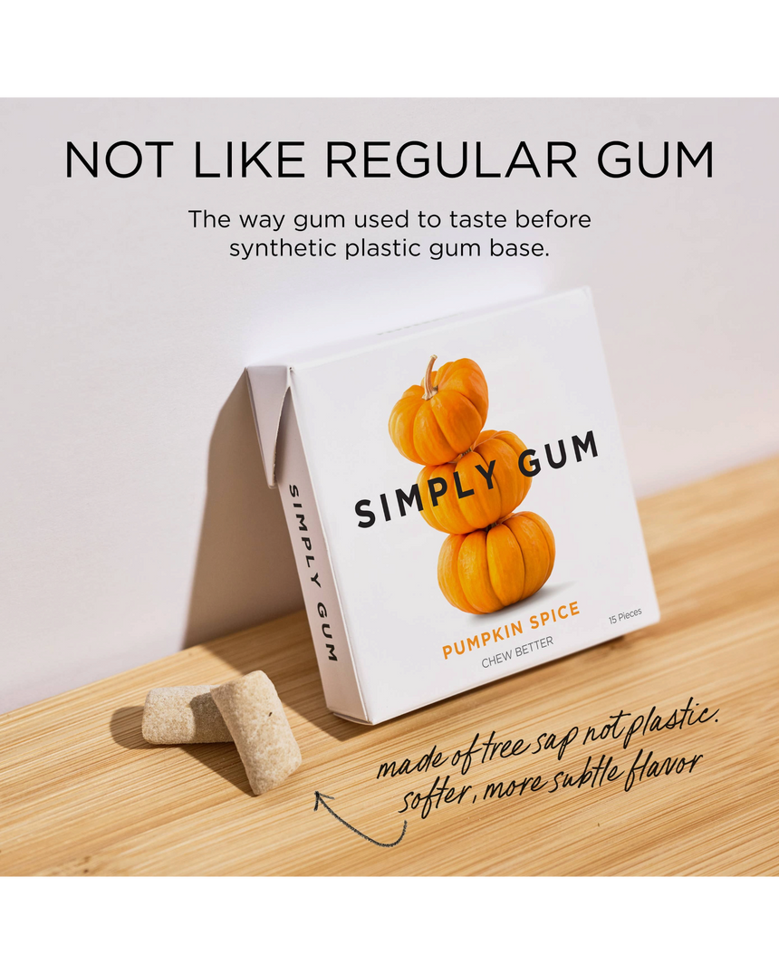 vitruta Simply Gum Pumpkin Spice aromalı, ağaç özünden üretilmiş plastik içermeyen vegan sakız paketi