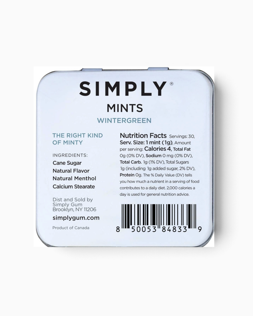 vitruta Simply Mints Wintergreen nane aromalı şeker kutusunun arka yüzü ve besin değerleri etiketi