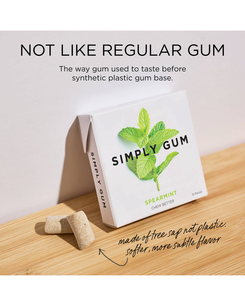 vitruta Simply Spearmint sakız paketi, doğal ağaç özü içerikli, plastik içermeyen vegan nane aromalı sakız