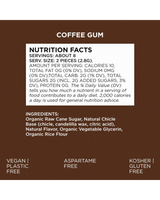 vitruta Coffee Gum ürününün besin değerleri ve içindekiler listesini gösteren kahverengi arka planlı etiket