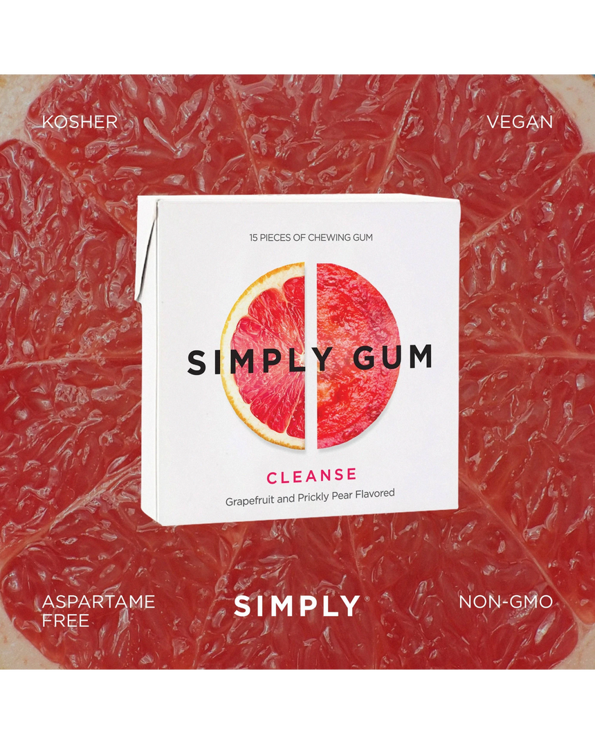 Vitruta Simply Gum Cleanse greyfurt ve dikenli armut aromalı, plastik içermeyen, vegan sakız paketi.