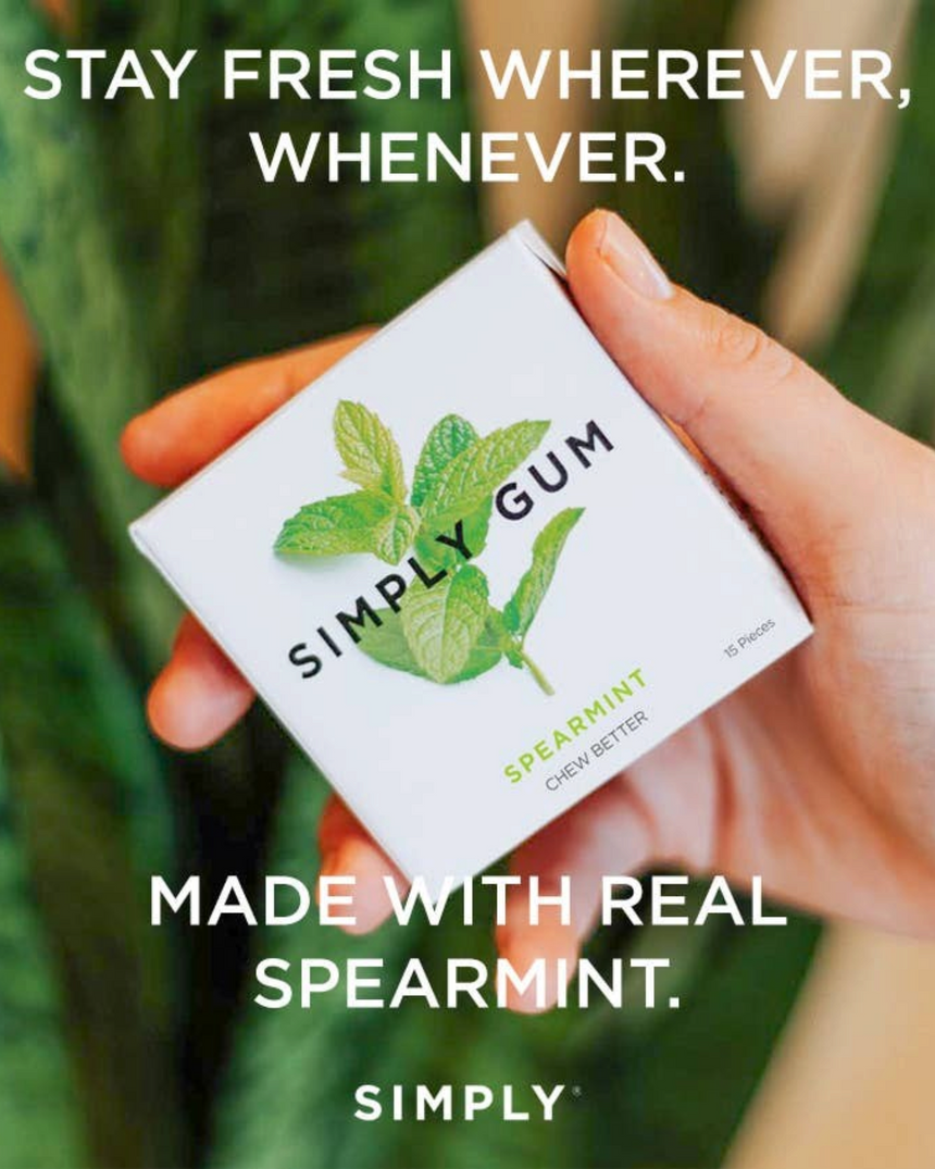 vitruta Simply Spearmint sakız paketi, doğal nane yaprakları görseliyle beyaz kutuda 15 adet bitkisel sakız