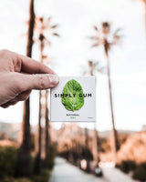 vitruta Simply Peppermint Gum paketi, palmiye ağaçları arka planında elde tutuluyor, doğal nane aromalı sakız.