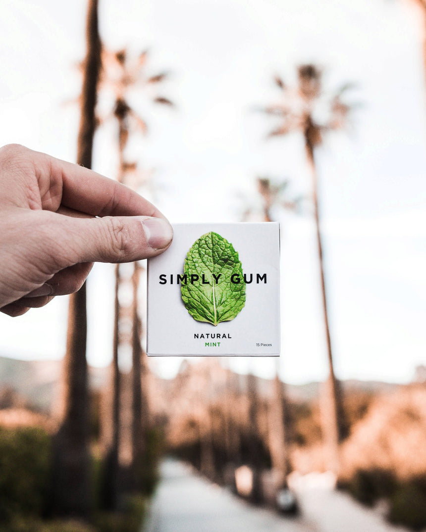 vitruta Simply Peppermint Gum paketi, palmiye ağaçları arka planında elde tutuluyor, doğal nane aromalı sakız.