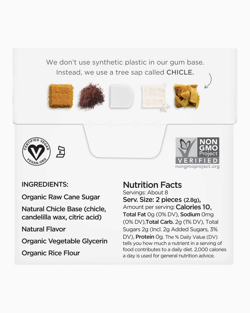 vitruta Coffee Gum paketinin içerik bilgilerini, vegan ve GDO'suz sertifikalarını gösteren bilgilendirici görsel