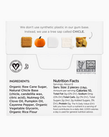 vitruta Pumpkin Spice aromalı, bitkisel bazlı, plastik içermeyen vegan sakızın içerik ve besin değerleri tablosu.
