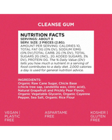 vitruta Cleanse Gum paketinin arka yüzünde yer alan besin değerleri ve içerik listesi bilgileri