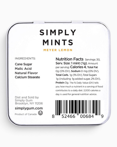 vitruta Simply Mints limon aromalı nane şekeri kutusunun arka yüzü, içerik ve besin değerleri bilgisi.